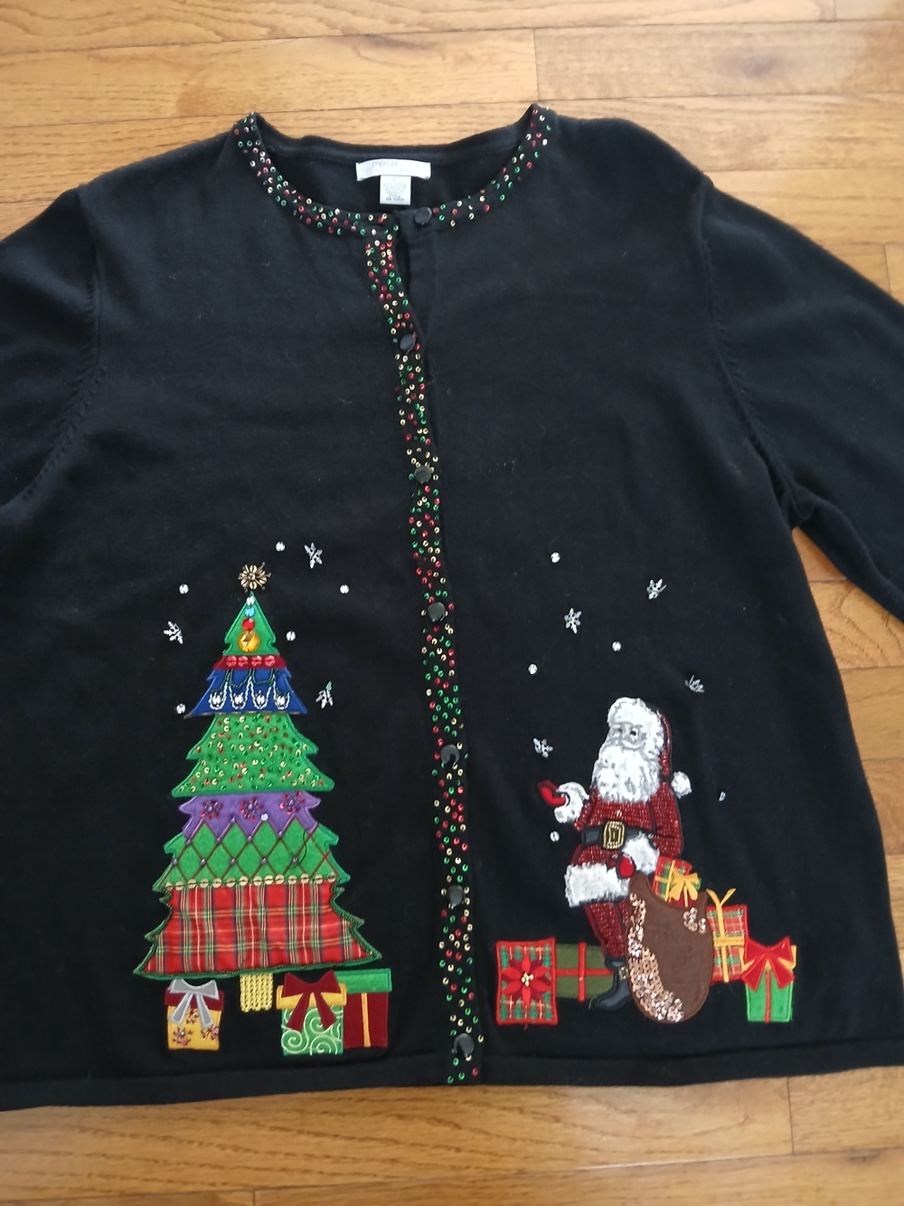 Mercer Street Studio Black Holiday Cardigan with Multicolor Tree & Santa